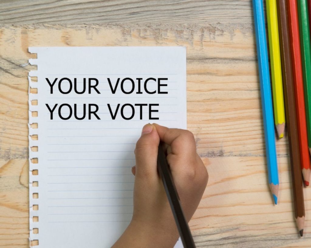 Stock photo of a piece of paper with the words your voice your vote