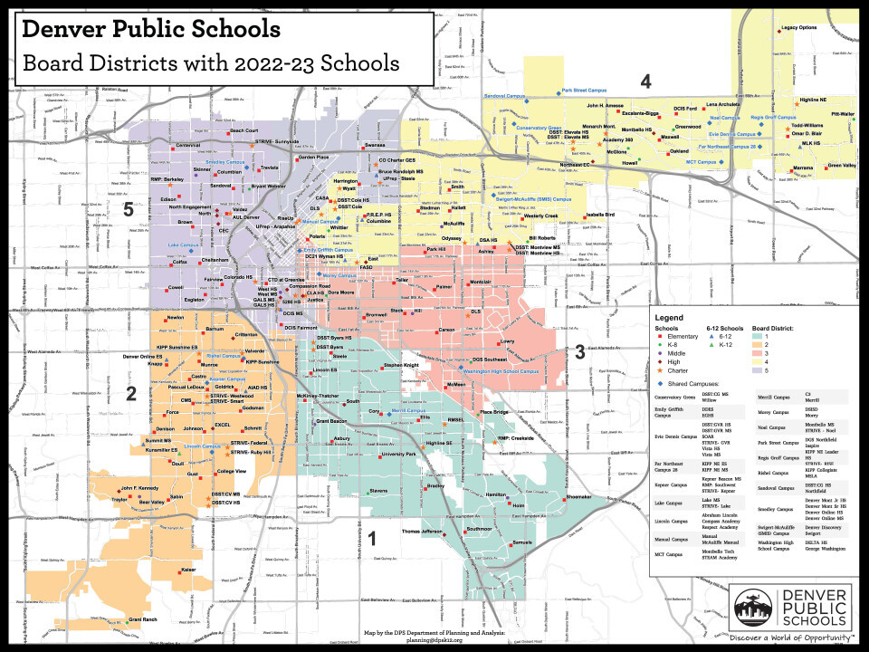 Map showing Denver Public Schools director districts and schools within each boundary.