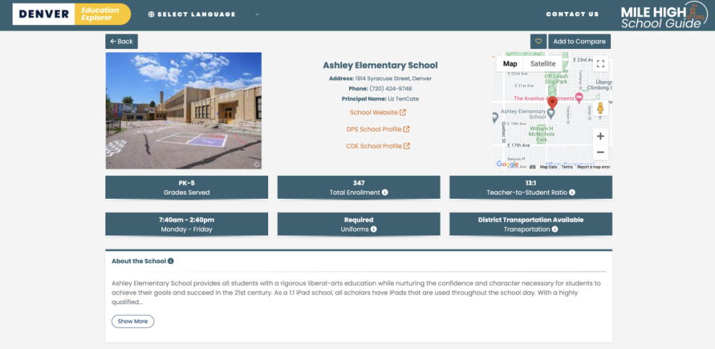 Screenshot of the Ashley Elementary School page in the new Mile High School Guide
