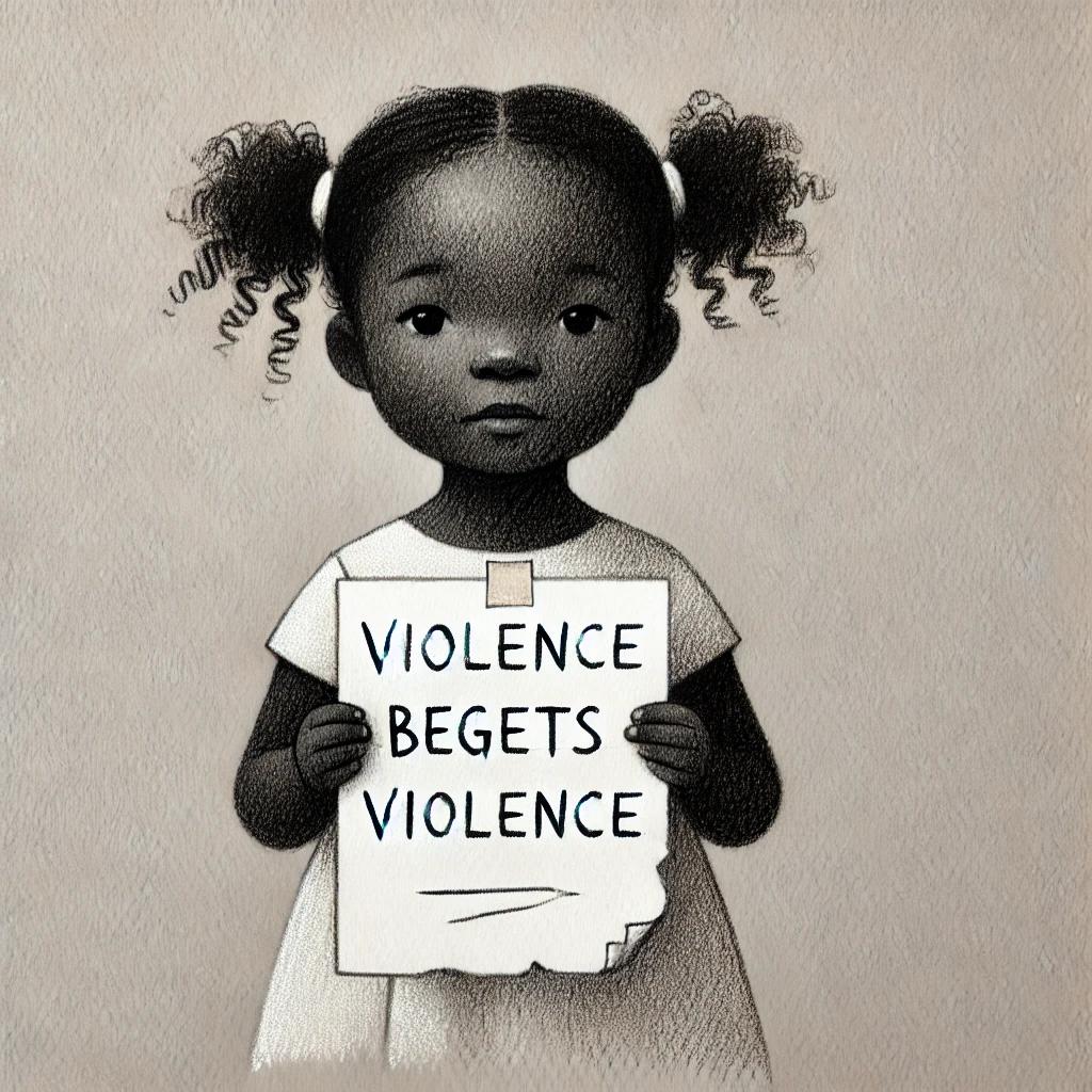 A pencil drawing of kindergarten girl holding a sign that says "Violence, Begets, Violence".