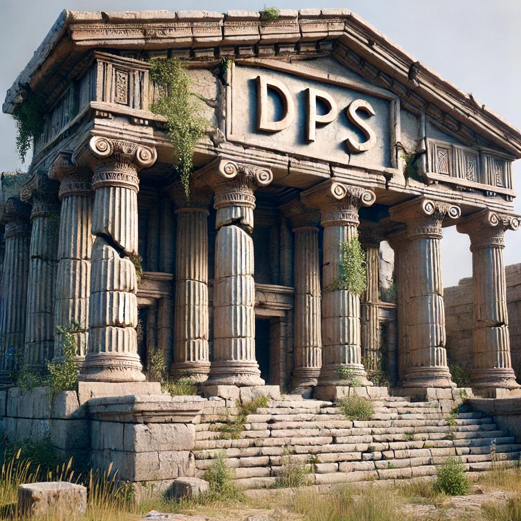 A Greek-style building with "DPS" written on the front.