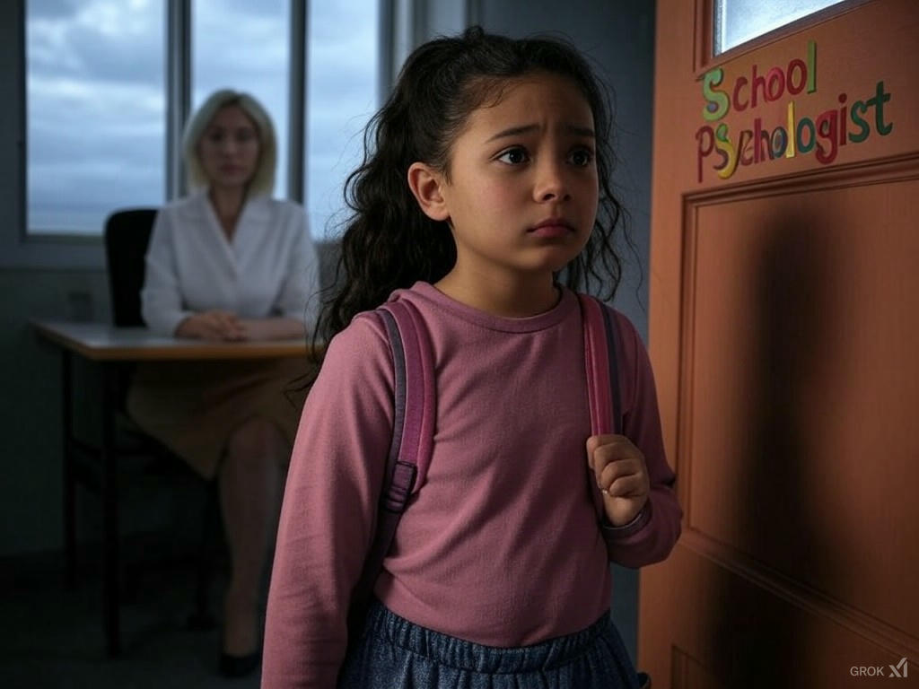 A young schoolgirl in a pink sweater leaving the school psychologist's office.