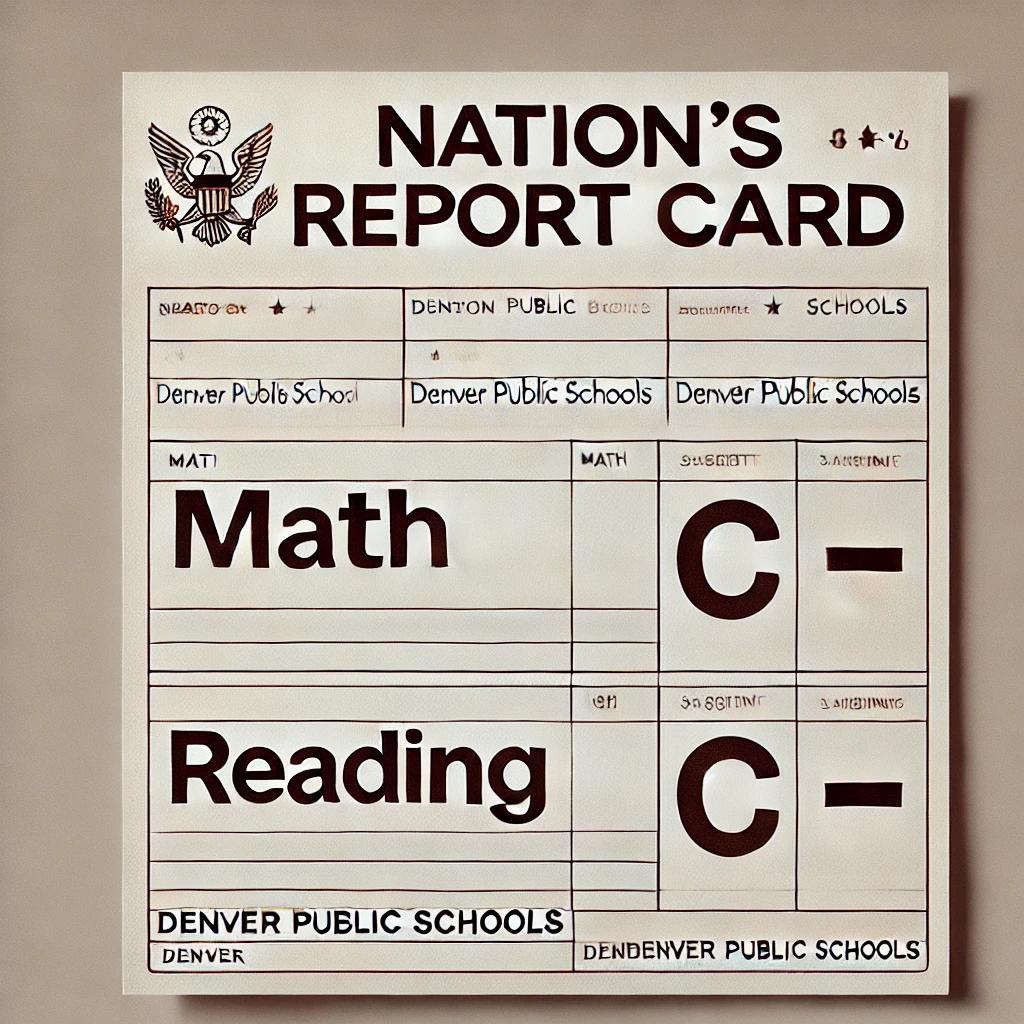 A graphic showing the "Nation's Report Card" with C-minuses in both math and reading.
