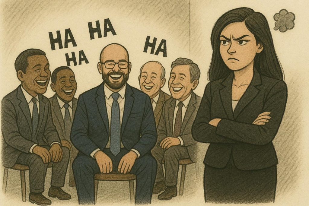 A graphic showing a woman looking angrily at a group of laughing men.