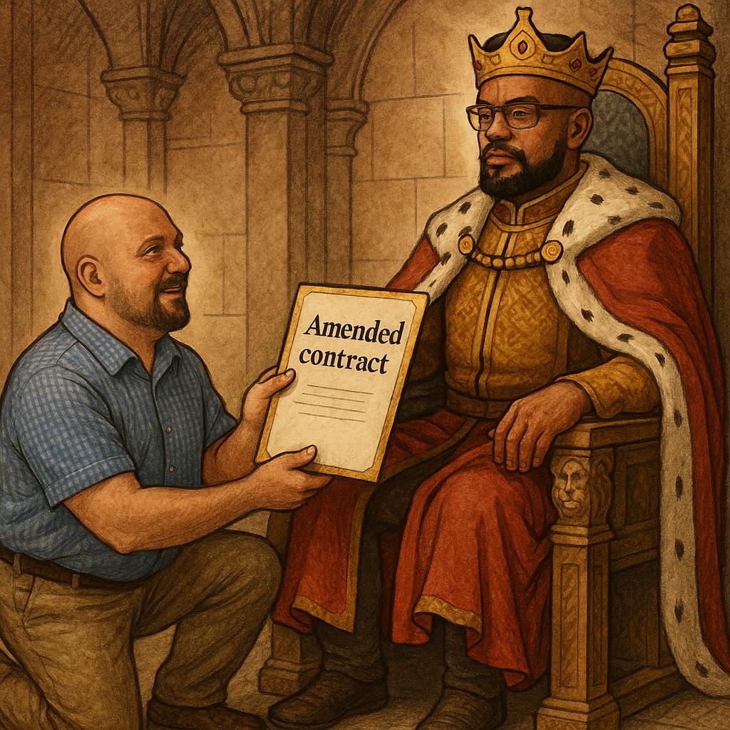 An illustration of a man kneeling in front of a king holding a piece of paper that says "Amended contract" on it.