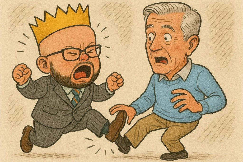 An illustrating of a toddler in a crown kicking an adult.