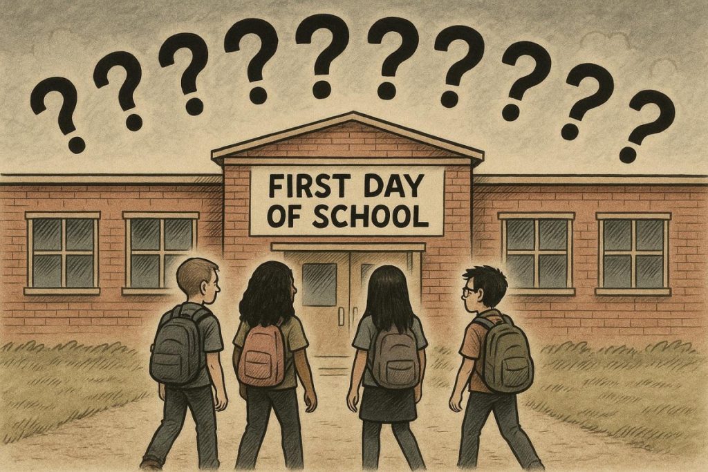 An illustration of students in front of a school with question marks over their heads. The school's sign reads, "First day of school."