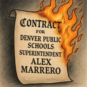 An illustration of a piece of paper on fire that reads, "Contract for Denver Public Schools Superintendent ALex Marrero."