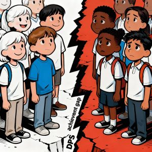 An illustration of a rift between white and non-white students, with the words "DPS achievement gap" on the rift.