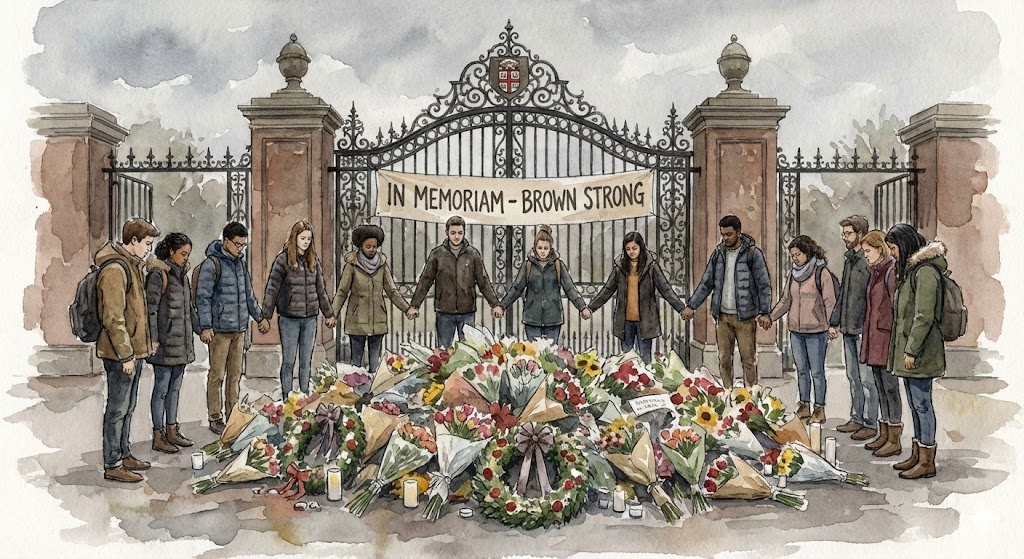 An illustration of college students holding hands and standing around a pile of flowers in front of the Brown University gates, which read, "In Memoriam - Brown Strong."