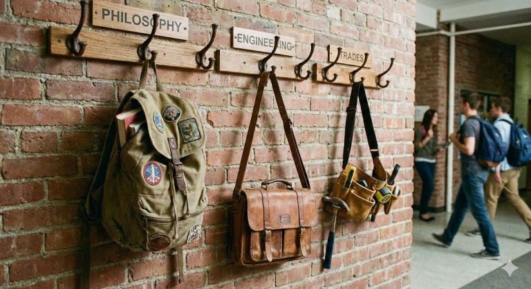 A photo of a wall with hooks on it. There are backpacks and bags hanging from the hooks, and above each hook there is a sign with a different discipline on it. The closest sign says "philosophy," and the second says "engineering."