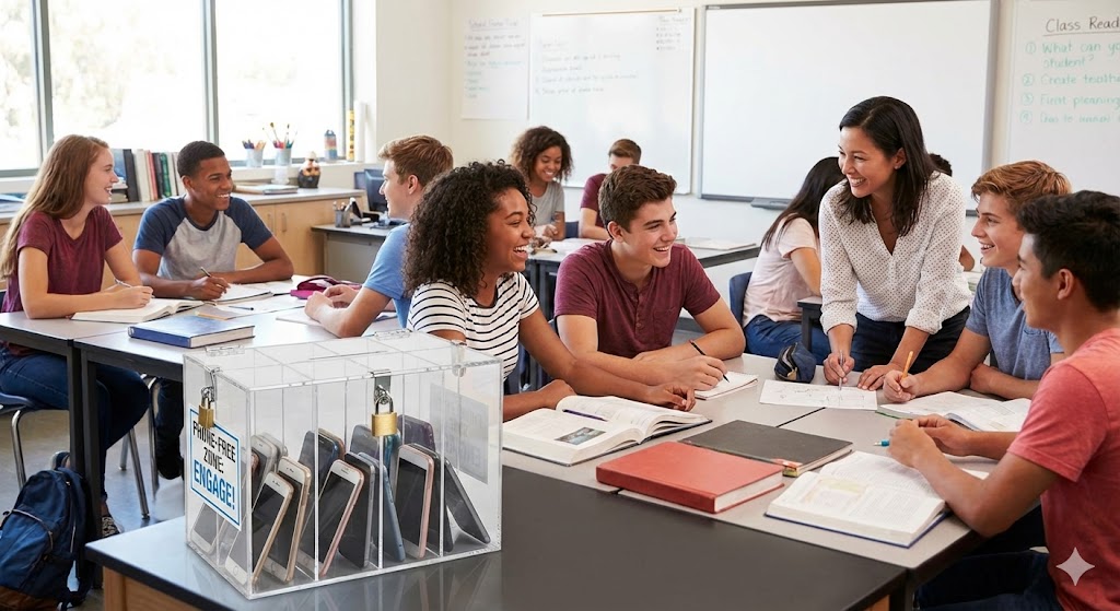 A photo of high school students sitting around a desk. Their teacher is standing over them. Everyone is smiling, and the students appear to be engaged and interested.
