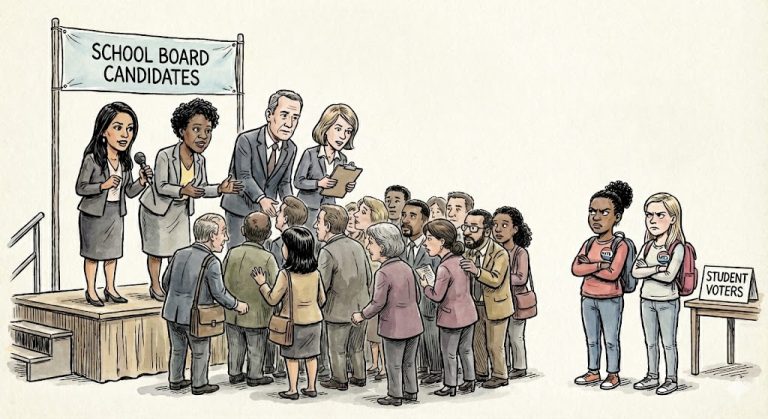 An illustration of school board candidates giving speeches to a crowd of adults, while two girls labeled "student voters" look on angrily.
