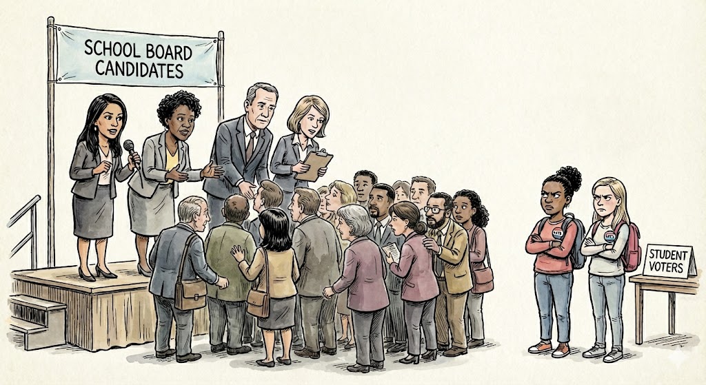 An illustration of school board candidates giving speeches to a crowd of adults, while two girls labeled "student voters" look on angrily.