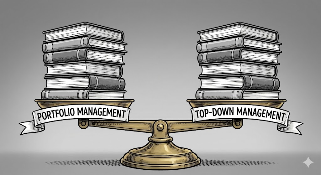 An illustration of a scale with a stack of books on both sides, one labeled "portfolio management" and the other labeled "top-down management."