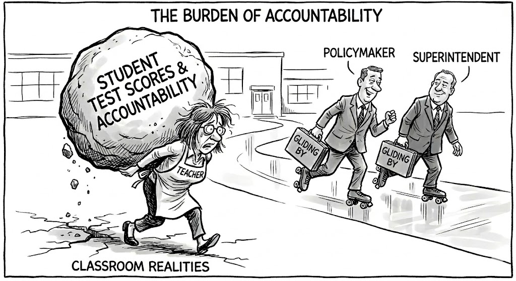 A comic illustration titled "The Burden of Accountability" showing a woman with an apron reading "Teacher" carrying a boulder reading "Student Test Scores & Accountability." Below her is written, "Classroom Realities." In the background, two men labeled "Policymaker" and "Superintendent" are carrying briefcases reading "Gliding By."