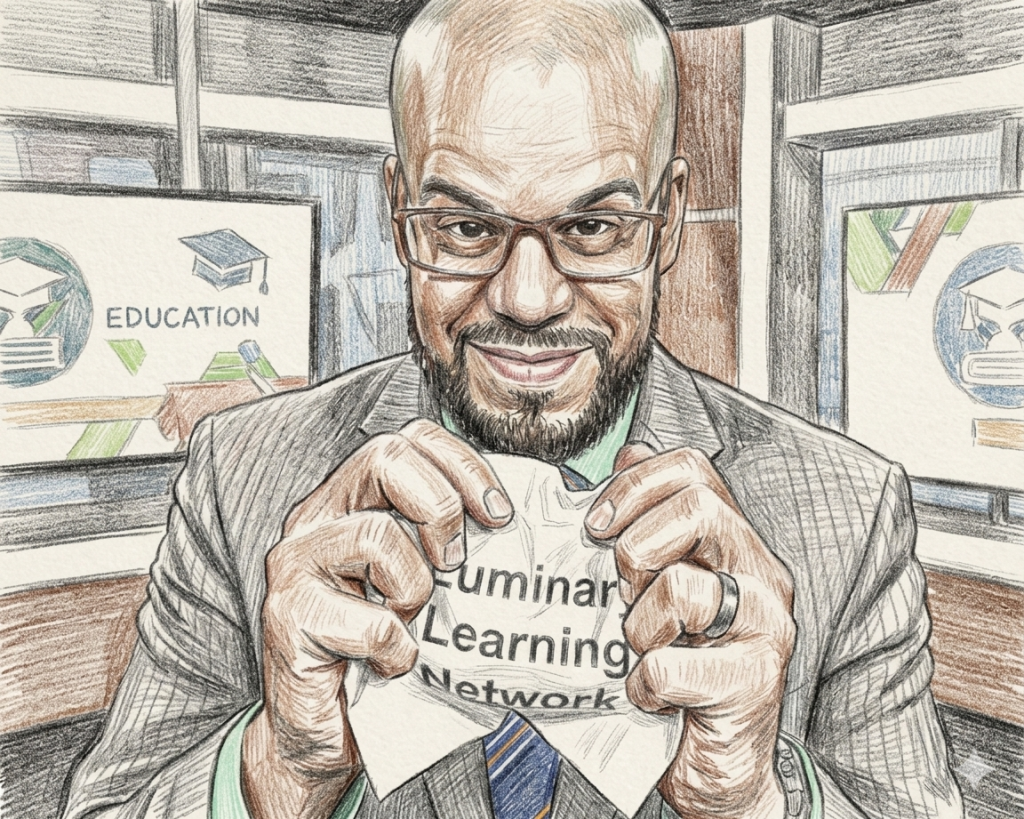 An illustration of a man in glasses with a beard crumpling a piece of paper that reads, "Luminary Learning Network."