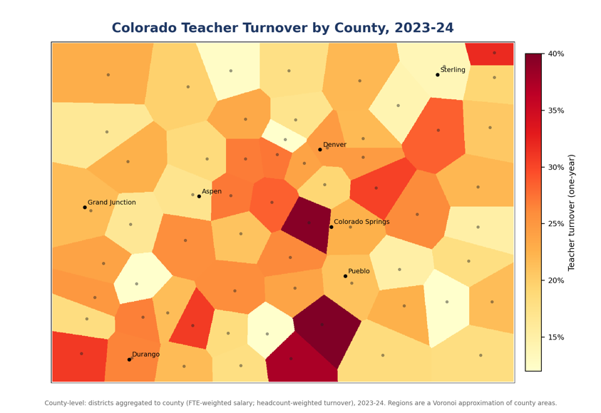 A graphic showing Colorado teacher turnover by county, 2023–24.