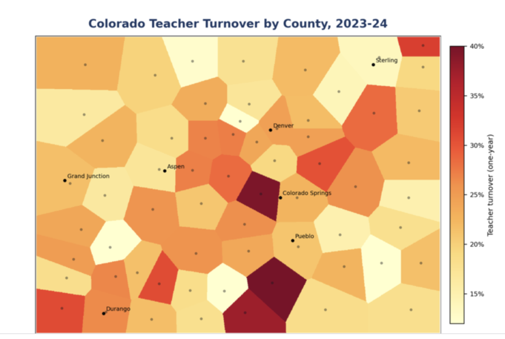 A graphic showing Colorado teacher turnover by county, 2023-24.